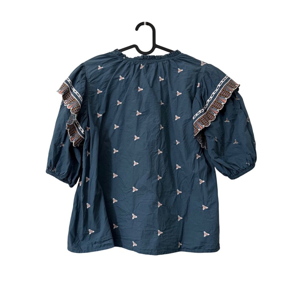 Marie Oliver Embroidered Ruffle Puff Sleeve Peasant Blouse Womens Size Medium - Picture 5 of 6